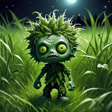 ((detailed) (cute) (realistic) zombie:(weed):.3) with (leafy hair) in a (open grassy field):(open grassy field):.1 during the __Night__