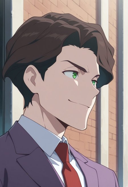 masterpiece,best quality,amazing quality, source_anime, 
AndrewHanbridge, 1boy, male focus, solo, green eyes, brown hair, shirt, white shirt, collared shirt, necktie, red necktie, jacket, purple jacket, portrait, smile,
outdoor,