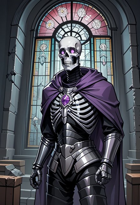score_9, score_8_up, score_7_up, detailed, beautiful, high quality, 1male, skeletal knight, bleached white skeleton, glowing purple eyes, ornate black armor with sharp edges, clawed gauntlets, plated armored pants, (large flowing purple cape:1.3), gemstone embedded in chest, abandoned gothic castle, towering spires covered in black ivy, cracked stone walls, shattered stained glass windows, rotting wooden doors hanging on broken hinges, flickering torchlight in the distance, cold winds howling through empty halls