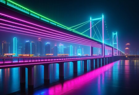 Physical characteristics of the bridge:
A large, futuristic bridge with elegant architectural lines and aerodynamic design.
Reinforced metal and glass construction, with neon light accents on the railings and under the bridge.
Support columns with built-in light panels that illuminate the bridge in different colors.
Lights and Screens:
Bright neon lights along the edges and base of the bridge that glow blue, green and pink.
Large holographic displays mounted on the columns and arches of the bridge that show advertising messages, news and visuals.
Laser projectors mounted on the roof of the bridge that create light effects and project images onto the bridge and the surrounding area.
Lighted paths along the pedestrian areas of the bridge that illuminate the way for passers-by.
Background and Environment:
Cyberpunk style cityscape with tall skyscrapers illuminated by neon signs and lights.
Streets covered in rain with lights reflecting in the wet surface creating a dramatic contrast.
Flying vehicles and drones patrolling the sky above the bridge and the city.
Atmosphere:
Bright neon lighting effects that highlight the details of the bridge and create a futuristic and dynamic atmosphere.
Muted neon colors that reflect in the wet surface of the street and bridge, creating a contrast between the modern and the traditional.
Dramatic light from neon signs and holographic displays that add depth and realism to the image.
