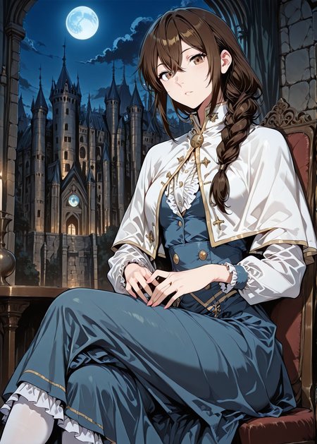 <lora:Lilia_Helstea__The_Beginning_After_the_End__Illustrious:1>
1 girl, solo, brown hair, brown eyes, long hair, hair between eyes, single braid
blue uniform, long sleeves, white capelet, white theghhighs, long skirt, blue skirt, frills
(Anime_source),Masterpiece,(perfect female body:1.2), small waist,(incredibly detailed:1.4), slim, beautiful fingers, parted lips, sitting , crossed legs, castle room background, looking at viewer, night, blue moon, <lora:iLLMythG0thicL1nes:1>