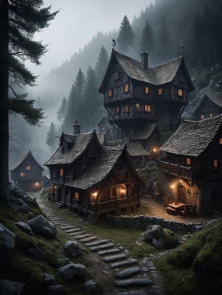 Horror-themed , A photorealistic still image of a medieval, rustic hermit village deep in the pristine mountain forests. It is a rustic town with distinctly Iron Age architecture, misty mountain landscape with forest, intricate, shot, natural lighting and shadows, volumetric fog, a sense of darkness and foreboding, epic, mystical, dark,
 <lora:add-detail-xl:1.4>, Ultra-HD-details, true to life, HDR image, High detail resolution, high detailed cloth, cinematic lighting, realistic, sharp focus, (very detailed), ((4K HQ)), depth of field, f/1.2, Leica, 8K HDR, High contrast, bokeh, realistic shadows, vignette, epic, . Eerie, unsettling, dark, spooky, suspenseful, grim, highly detailed