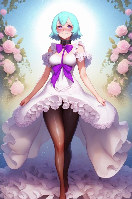 score_9, score_8_up, score_7_up, 1girl, walking, looking up, embarrassed nose blush smile, aqua hair, side-swept_fringe, very_short_hair, light_purple eyes, large breasts, textured skin, taut dress, sheer, lace, frills, ribbon, collar, control-top pantyhose, Pompon_Chrysanthemum \(flower\), floral background, hands_behind_head, halftone background, glitter particles <lora:destiny_c_PonyXL_style_v02.07.01.10.05:1>