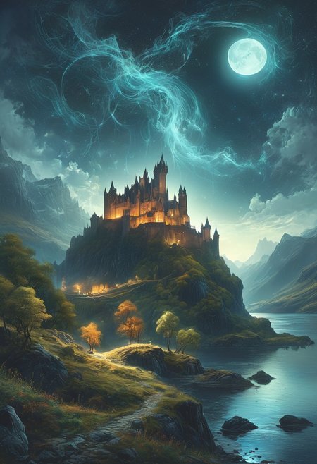 (by Ellen Jewett:1.5), (Bioluminescent Impressionism,) A captivating night scene illustration featuring a beautiful castle on a large  hill overlooking a lake in the highlands of Scotland. The castle is ancient but well maintained and updated and comfortable to live in.  This enchanting artwork captures a serene and peaceful night, where the moon is just starting to rise over the beautiful highlands and castle which   stands resolute amidst highlands, creating a cinematic experience., illustration, cinematic
<lora:DonM3t3rn1tyXL-v1.1:0.7>, DonM3t3rn1tyXL,
OverallDetailXL  <lora:MJ52:0.3>  <lora:SDXLFaeTastic2400:0.4>  <lora:EpicF4nta5yXL:0.7><lora:add-detail-xl:1> <lora:RMSDXL_Creative:2>*Channel_42* ral-wlfnte, PEAnimeBG, scenery, GhostlyStyle