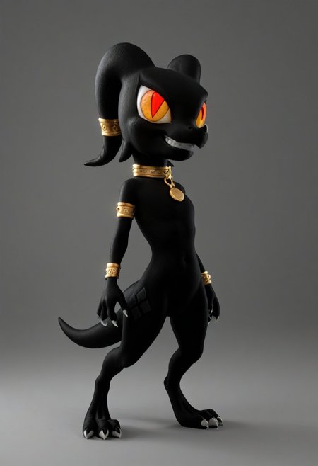 score_9, score_8_up, source_cartoon, realistic, toony, 1boy, wauzirex, furry, kobold, black body, yellow eyes, long ears, tail, gold jewelry, bracelet, arm band, collar, tail bracelet, grin, wide hips