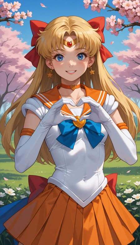 score_9, score_8_up, score_7_up, source_anime, ,outdoors,cherry blossoms,standing,cowboy shot,smile, flower field
 <lora:Sailor Venus:> sailor venus, aino minako, blonde hair, red bow, blue eyes, jewelry, sailor senshi uniform, magical girl, elbow gloves, white gloves, orange sailor collar, orange skirt, orange choker, pleated skirt, blue bow, miniskirt, tiara, hair bow, 
heart hands,