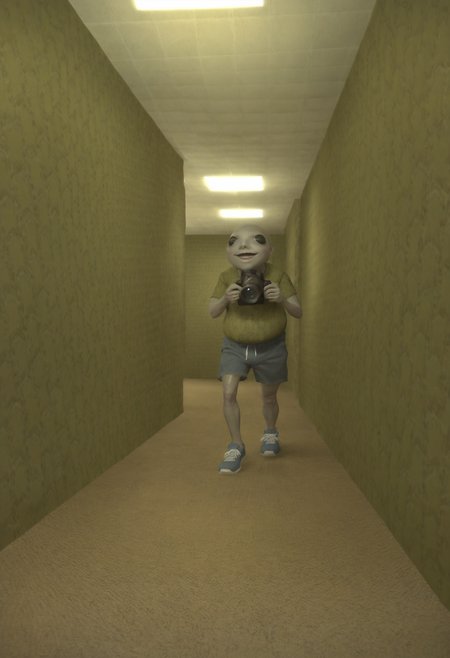 score_9, score_8_up, score_7_up, score_6_up,
BREAK
er_frogman, monster, grey skin, black eyes, standing, smile, open mouth, holding camera, walking
BREAK
green shirt, short sleeves, blue shorts, blue sneakers
BREAK
wide shot, backrooms, backrooms \(creepypasta\), brown carpet floor, yellow wall, argyle wall, tile ceiling, ceiling light, indoors, hallway, bloom <lora:[Backrooms] Backrooms Style Background_epoch_10:1>  <lora:er_albinauric:1>