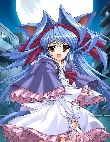 score_9, score_8_up, score_7_up, source_GAME, rating_explicit, BREAK <lora:Shion_mahjong_XL:1> Shion_mahjong, very long hair, blue hair, hair bow, hair intakes, brown eyes,  short stack, hair bow, white  dress,
solo, bow, upper body, purple capelet, frills, hair ribbon, wine red bow,  looking at viewer, cat tail, cat ears, 
open mouth,
smile, 
cyberpunk, gigantic size full moon,  night, near future city, buildings, outdoors,