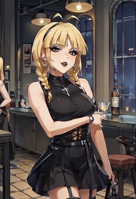 Score_9,score_8_up,score_7_up,score_6_up,source_anime,detail,1girl,solo,neon glow,BREAK
GothicC, makeup, lipstick, mascara, black nails, tattoo, black lips, wide lips,  BREAK
akzkrtk,long hair, (blonde hair),(twin braid,bangs:1.1), antenna hair,((no glasses)),brown eyes, BREAK 
(the whole body is sweaty:1.2), (steam on the body),((jet-black skin)),  BREAK
(indoors:1.1),(night:1.4),(cowboy shot:1.2), Dutch Angle Shot, (dynamic angle:1.2), (dynamic pose:1.2), face focus, eyes focus, (sitting, beside Bar counter,), holding wine,  BREAK
ruanyi0729,indoors,bar \(place\), BREAK
ruanyi1005,backless dress,black dress,sleeveless,turtleneck,short dress,tight dress,cross-laced clothes, BREAK
Expressiveh,horny face,((seduce)),seduce smile, mouth close, BREAK
OverallDetail,Frontlight,