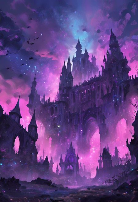 A fantasy landscape in the style of Magic: The Gathering. A gothic castle with large arches and towers surrounded by magical glowing plants in an alien world. A purple moon hangs low over it. Pink and blue hues of color splatter across the scene. People walk through its streets. A dark shadowy figure stands on top of one of these buildings overlooking everything. A colorful digital illustration, fantasy concept art with brush strokes in a painterly style. A digital painting and digital artwork concept design sheet