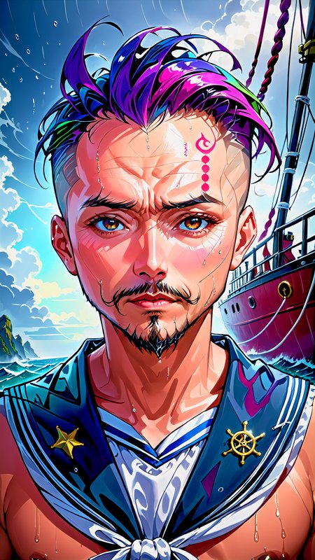 (Schizowave), <lora:Schizowave:1.5>, photo of a sailor, ultra realistic photo, 44 years old asian male, goatee, adorned with nautical tattoos and a rugged expression that tells tales of countless voyages, award winning realistic photograph by the world best portrait photographer, overcast day, vivid fantasy colors, nikon, award winning, breathtaking