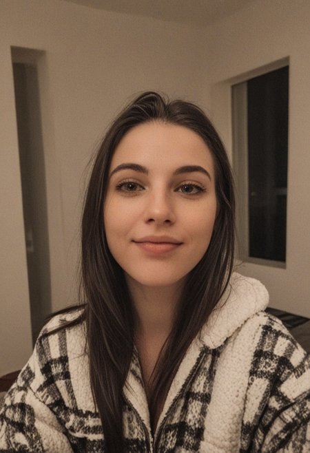 30yo woman wearing Plaid Polar Fleece Shacket with white textures 
long black dark hair slick back and smooth. Kissface. 
smile. Looking at camera. POV.
happy. 
Living room. Fully furnished.
Night time.
Portrait.