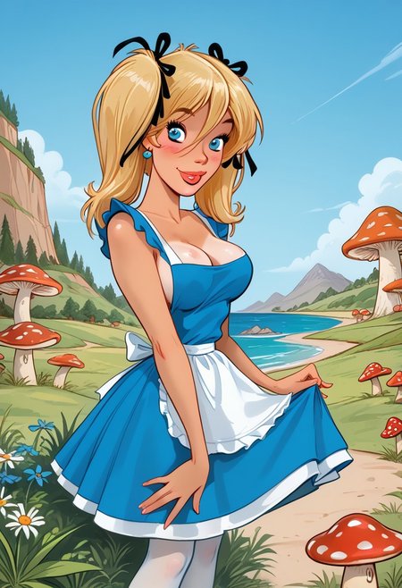 score_9, score_8_up, score_7_up, masterpiece, high quality <lora:Dean Yeagle StylePonyLyco:1>dystlye, many details, A drawing of Mandy by Dean Yeagle, wearing a blue dress, white pantyhose, apron, black hairband, twintails, small earrings, plump lips, cute face, slim petite bombshell body, large breasts, flirting, alluring, seducing, attractive, easynegative, negative_hand, faded blue eyes, tan lines, view from front, blushing, smiling, sunny day, sexy pose, outdoors, on the knees, giant mushroom behind her