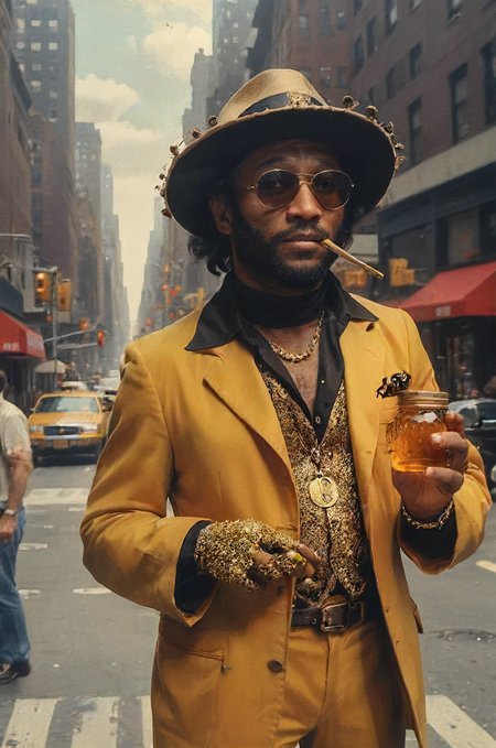photo of a (bee:1.1) in in 70s pimp outfit in the street of new york offering honey-money for certain buzz related services, cane, hat, bling, shady street, cinematic, masterpiece, atmospheric, high quality, 8k, high resolution,  <lora:SDXL - Style - EldritchRomanceIllustration1.3.1:0.4> <lora:Fine art photography style:0.4> <lora:Moody__Time:0.4> <lora:- SDXL - creepy_n_freaks_V1.0:0.4> <lora:- SDXL - vanta-black_contrast_V3.0:0.2> <lora:tbh102-sdxl:0.3> <lora:drunken-fist03:0.2>