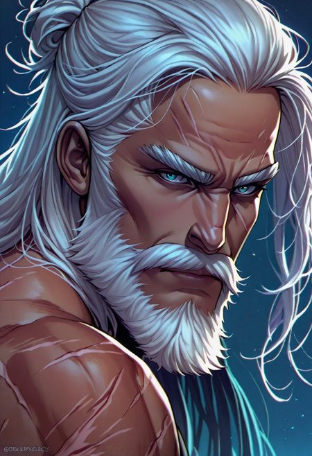 GodslpacomicstyleV1.0IL masterpiece, best quality, 1boy, dark-skinned male, scars, face scars, white hair, long hair, beard, mustache, facial hair,