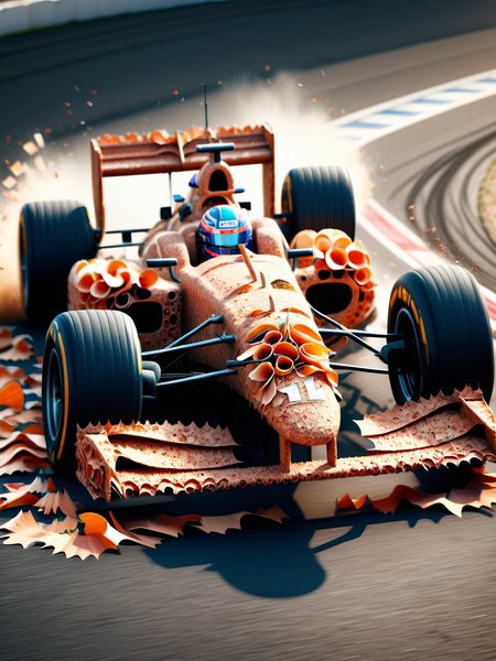 A ais-pencilshavings f1 car, racing down the race track, dynamic, cinematic, masterpiece, intricate, hdr.  <lora:Pencil_Shavings_Style_SDXL:1>