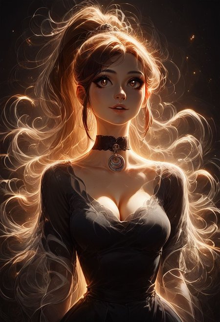 score_9, score_8_up, score_7_up, score_6_up, 1girl, sexy 30 year old, cute face, studio photo, brown eyes, brown hair, long hair, high ponytail, choker, goth dress, hourglass figure, wide hips, medium round breasts, cleavage,  cinematic lighting, neon, white character outline, cute smile, parted lips, glossy eyes, hair made of mad-wsps