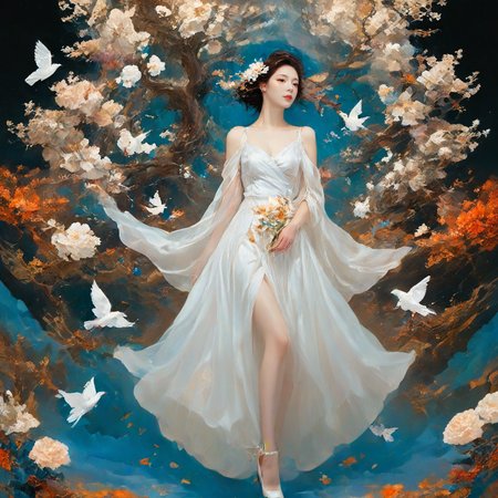 <lora:add-detail-xl:1.0>, 1girl, solo, flower, dress, hair ornament, hair flower, tree, brown hair, high heels, white dress <lora:LangV2:0.85>, <lora:RuanV2:0.6>,