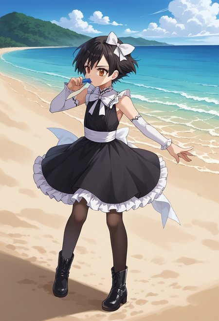 source_anime, 1boy, solo, black hair, short hair, brown eyes, flat breast, medium ass, mestizo skin, full body, hair bow, white bow, black pantyhose, sleeveless, detached sleeves, black boots, black dress, gothic, lace, waist back white bow, frill, clothing cutout, frilled dress, gothic dress, beach, wind is blowing, wind moves her skirt, ash wears a white bow on one side of her head (just a hair bow nothing else), and other big white bow on low back,
ash3,