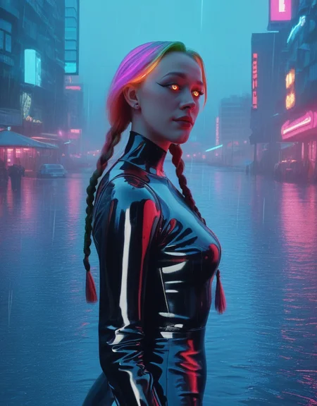 "cyberpunk, beautiful hacker girl, twin braids with neon highlights, latex bodysuit, holographic pencil skirt, neon cityscape, cybernetic eyes, rain-soaked streets" ,score_9, score_8_up, score_7_up, masterpiece, high quality, highres, best quality, <lora:mcnulty_epoch_10:1>  Stable_Yogis_PDXL_Positives2