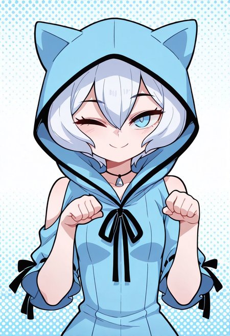 masterpiece, best quality, amazing quality, very aesthetic, absurdres, diives,
masterpiece, best quality, high resolution, absurdres, 1girl, kijima_shia, blue_eyes, white_hair, short_hair, hair_between_eyes, small_breasts, necklace, blue_dress, hooded_dress, frills, detached_sleeves, short_sleeves, black_ribbon, hood_up, animal_hood, paw_pose, smile, wink, halftone_background, looking_at_viewer,