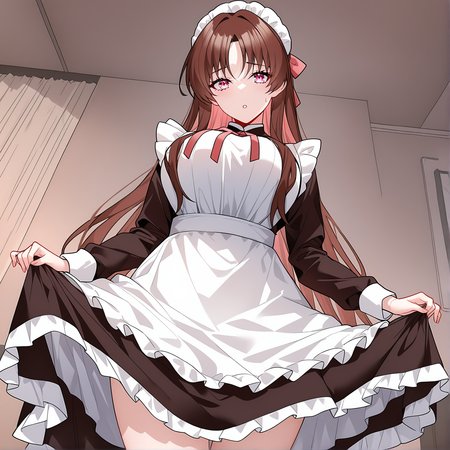 masterpiece,best quality,newest,absurdres,highres,safe,<lora:noobai_ep11_stabilizer_v0.138_fp16:1>,1girl,zhang_qianqin,<lora:Zhang Qianqin-step00008000:1>,maid,skirt lift,detailed eyes,