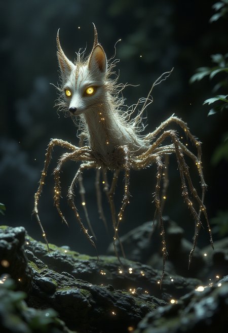 Spider-Fox â A fox-like creature with six delicate, elongated legs instead of the usual four, each covered in fine fur but jointed like a spiderâs legs. Its body is light and nimble, and the foxâs bushy tail is replaced with a spinneret that trails a faint thread as it moves. Its bright eyes shimmer in the dark, making it a shadowy forest dweller.  realistic reflections, dramatic lighting, intricate detailing, hkmagic <lora:FantasyWizardWitchesFluxV2-000001:0.78>  <lora:flux.1_lora_flyway_Epic-detail_v2:0.55> <lora:realism_lora_comfy_converted:0.6> <lora:FluxGhost-000001:0.45> <lora:FLUX.1-Turbo-Alpha:1>