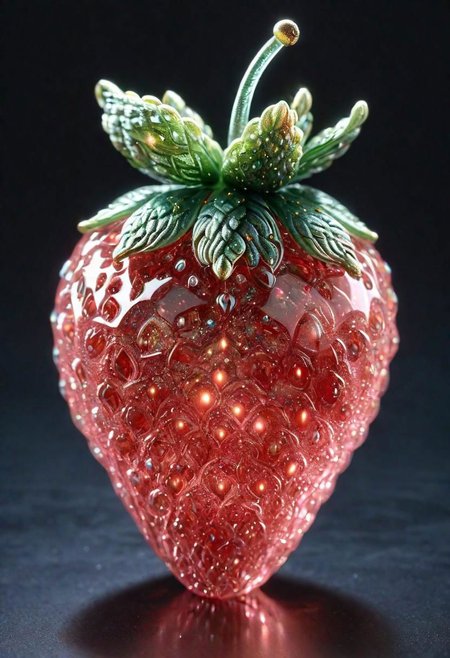 A realistic photo of (intricate transparent glass interstellar nebula Strawberry statue made of galaxies, flora and fauna, hyper realistic, ultra detailed, elegant, beautiful, 1 tail)), photo is taken with a Canon EOS R5 and a Canon RF 100-500mm f/4.5-7.1L IS USM lens, ultra high quality, ultra high detailed ,Stained Glass, snowflake textured Glas, colored glass pieces, product scene, translucent, transparent, glass orb, black haze, blue haze, red haze, paths, patched planet, stars, saturn planet, snow, earth planet