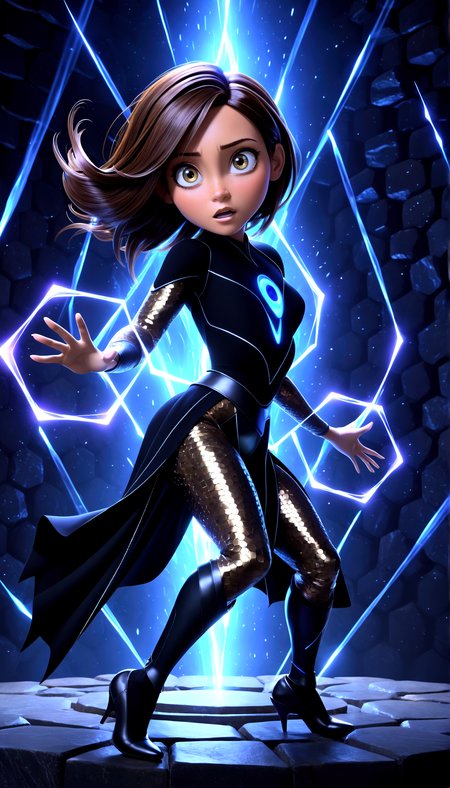 (3d pixar style:1.3), Mystical woman  in an outfit with metallic hexagonal textures, in front of a stone backdrop, glowing highlights.
Mid-spin, hair and outfit textures flowing.
Eyes narrowed, with a questioning look.Layered lighting effects, creating depth and contrast.



