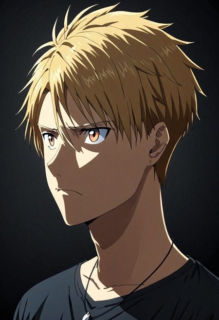 high resolution, solo, best quality, 1Boy, Yamato Ishida, Blond Hair, Necklace, potrait, dark shirt, looking at viewer, focused gaze forward, simple background, straight body, upper body, head upright, confusion, OverallDetail
