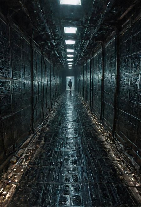 a dystopian matrix abyss by H.P. Lovecraft, a long floor into eternity, black reflecting tiles, dimmed lightning, vintage sci-fi led panels, electrical panels, neo pale man in the end of the floor, looking to viewer, tool band art