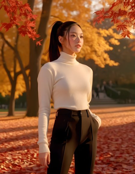 In a vibrant autumnal park bathed in the golden glow of setting sun, a striking woman named NJZH43R1N with raven-black hair pulled back into a sleek ponytail is captured from a low angle, standing tall and confident. She wears a pair of tailored black pants that accentuate her elegance, and her long, cascading locks frame her face as she gazes directly at the viewer, one hand gently cradling a loose strand of hair while the other rests casually by her side. The rich red and gold leaves scattered across the ground create a picturesque backdrop to this captivating portrait.