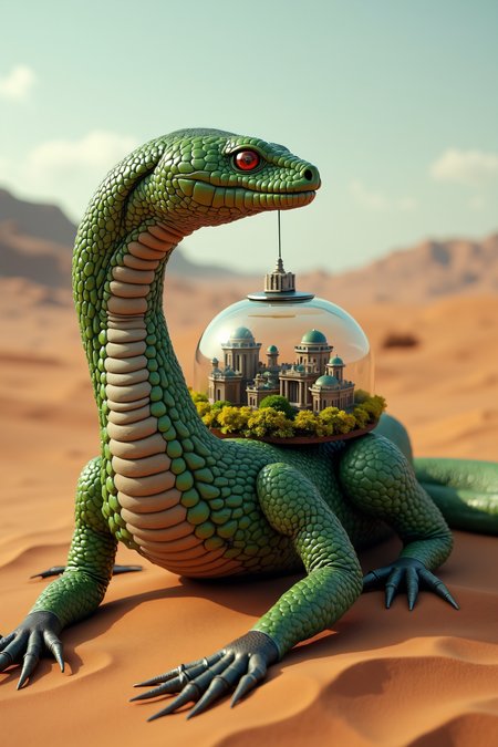 national geographic photography of a lizard crawling over a desert, he transport a glass terrarium with a miniture city on his belly, realistic, mechanical vegetal cyborg, futuristic robot organisms, steampunk robot lizard, steampunk animal, dangerous atmosphere