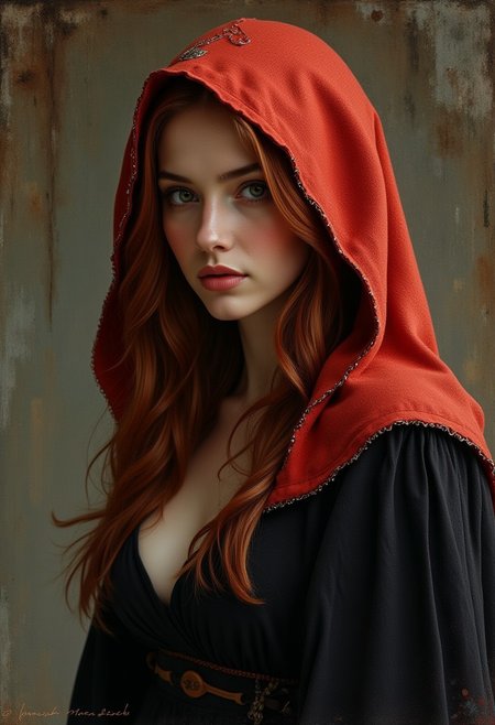 Beauty, realism, cinematography, chiaroscuro, rays of light, play of shadow and light, cinematic quality, drawing with dry chalk, Pastel, Cinematic style, 
a painting of a woman in a black dress, award-winning fantasy art, red hoods, beautiful redhead woman, by Hamish MacDonald, covered sfw huge breasts, 2021 award winning painting, black and terracotta, blonde girl in a cosmic dress, beautiful female assassin, melancholic expression, mystique