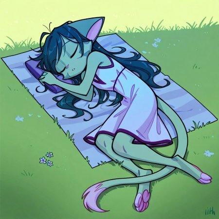 score_9, score_8_up, score_7_up,lilith_calah,
1girl,solo,furry,tail,dark green hair, source_furry,
 ,<lora:lilith_calah_illustrious:0.8>,
masterpiece, child, kid, 
grass, laying, sleeping, summer, outside, messy hair, white summer dress,