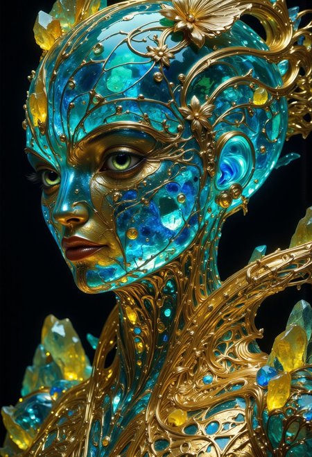 A closeup portrait of an intricate statue of a woman made of engraved crystal and glass. Her skin composed of delicate, engraved blue glass with shards of crystal intricately woven into her hair. Her eyes gleaming with a bluish, otherworldly light and she wearing a majestic, windy-blown ornate gown with crystal flowers reminiscent of a bright futuristic world. Her face and shoulders illuminated by an internal soft, ambient glow, as she is encased in a giant crystal that radiates with otherworldly energy. She stares intently at the viewer with a subtle smile. She is enveloped in an abstract explosion of vibrant colors—blue, green and yellow—splashing dynamically around her creating a dramatic vignette effect. In the styles of Royo's dark, mystical realism, Artgerm's hyper-detailed, metallic sheen, and Lovecraft's eerie, atmospheric tension, with meticulous attention to intricate textures, dramatic shading, and a sense of haunting and ethereal beauty.