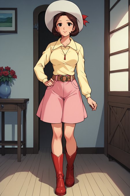 score_9, score_8_up, score_7_up, score_6_up, BREAK, HikaruMakibaUFOXL, 1980s (style), black eyes, brown hair, short hair, medium breasts, white sun hat, yellow shirt, long sleeves, brown belt, pink skirt, red boots, solo, full body, standing, seductive smile, looking at viewer, indoors <lora:HikaruMakibaUFOXL:0.8>