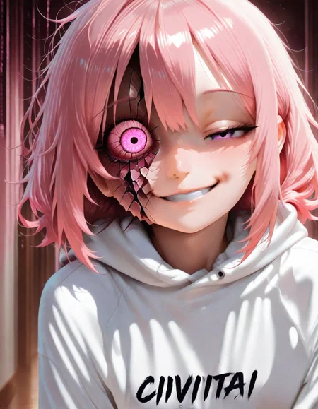 masterpiece, best quality, anime screencap,<lora:CivChan:1> civchan, 1girl, solo,  clenched teeth, straight on,
BREAK;
<lora:Matrix_Style:1> om0atrix0, glitch, pink theme, glowing eyes, wide eyes, messy hair, <lora:ya_cracked_skin :1>cracked face, <lora:se_v1_horror:1> horror, madness, sharp teeth, crazy smile
BREAK;
seductive smile, 
BREAK;
<lora:CivitaiHoodieILL:1> civitai hoodie