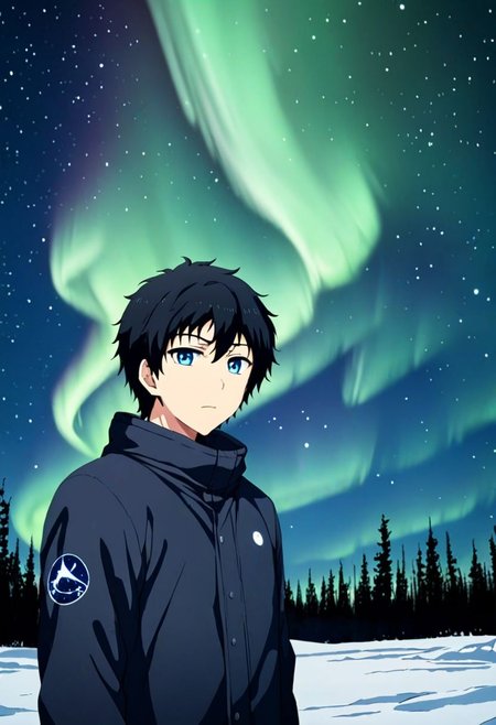 high resolution, solo, best quality, 1Boy, Arata Kaizaki, Black Hair, Blue Eyes, winter, Northern Lights, Stargazing, OverallDetail