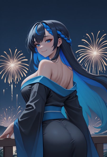 anime, masterpiece, best quality, <break> solo, 1girl, civitai-chan, smile, looking back, long hair, colored inner hair, black hair, blue hair, braided bangs, blue eyes, japanese clothes, black kimono, off shoulder, blue sash, bare shoulders, outdoors, night, fireworks
<segment:yolo-Anzhc Face seg 640 v2 y8n.pt,0.4,0.5//cid=1>