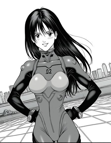 score_9, score_8_up, score_7_up, source_anime, <lora:reika-shimohira-manga-ponyxl-lora-nochekaiser:1>, reika shimohira, long hair, monochrome, greyscale, large breasts,, <lora:souryuu-asuka-langley-cosplay-ponyxl-lora-nochekaiser:1>, souryuuasukalangleycosplay, souryuu asuka langley (cosplay), bodysuit, pilot suit, plugsuit, red bodysuit, interface headset,, cityscape, smile, blush, hands on hips,, , cowboy shot, dutch angle