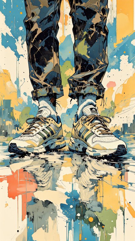 High-quality Ligne Claire digital illustration, bold clean outlines, flat vibrant colors, strong graphic contrast. A close-up of two legs, both wearing stylish Adidas sneakers with classic white Bobby socks, slightly wrinkled at the ankles. The sneakers, sleek and modern, feature signature three stripes, detailed stitching, and a slightly lifted sole, emphasizing their sporty yet casual aesthetic. The legs are fully covered, keeping the focus on the symmetry and clean design of the footwear.  
Beneath, a highly reflective floor mirrors both sneakers and surrounding colors, creating a sleek, polished surface with crisp yet slightly distorted reflections. The reflection subtly elongates the forms, adding depth while maintaining the clarity of the Ligne Claire style.  
The background is a dynamic explosion of vivid, overlapping geometric shapes in bright pastel blues, yellows, pinks, and greens, enhancing the retro pop-art feel. The contrast between the precise sneaker outlines, the smooth reflection, and the energetic background creates a visually striking and balanced composition.   <lora:Mystic-Fusion_v10:1.0> <lora:Fancha_style_v.5:1.0> <lora:Illustration_Style_IV:0.8>