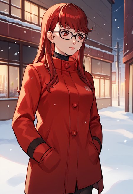 score_9, score_8_up, score_7_up, source_anime, 1girl, solo, cowboy shot, closed mouth, looking down, sad, hands in pockets, half-closed eyes, BREAK <lora:KasumiP5-pdxl:1> winSumi, long hair, hair down, glasses, red winter jacket, medium breasts, buttons, black turtleneck, black pantyhose, outdoors, snow, city