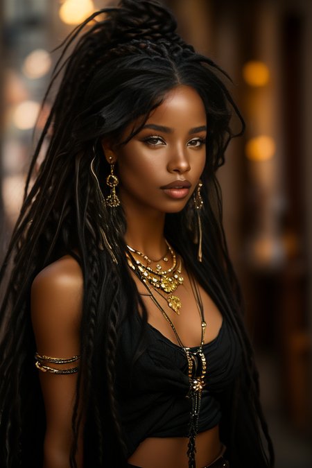 <lora:BellissimaSD1.0:1>bellissima,1girl,solo,long hair,breasts,black hair,jewelry,earrings,midriff,dark skin,necklace,blurry,bracelet,dark-skinned female,lips,blurry background,realistic,dreadlocks