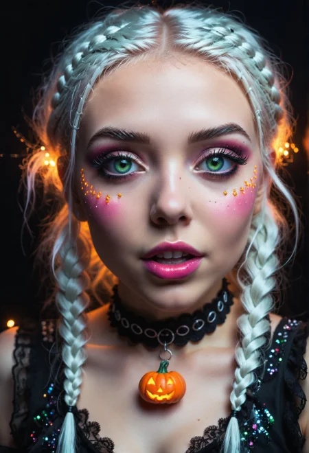 analog photography, portrait of young goth woman, with glowing red-pink glitter makeup, iridescent glitter, luminescent makeup, :O, surprised exrpession, mouth open, happy like a halloween pumpkin, lip gloss, detailed eyes, bright green eyes, long lashes, dark eyeshadow, black mascara, seductive expression with alluring gaze, long white hair, pigtails hairstyle, pale, ring light, highly detailed <lora:xl_Everything_Iridescent> <lora:xl_spo_sdxl_10ep_4k-data_lora_webui>