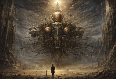 a painting that captures the essence of a poem: 
(Fields where machine souls rust under the light of a dying star, 
Veni, vidi, vici; 
When heaviest is the crown of the deus ex machina, none dare come out to play; 
Use caution when dealing with the fallible tenets of aegis' rimwalkers; 
Cyborg religious sects pried loose with the coming of the new dawn; 
I offer this advice in earnest, for soon we shall see many a truth uncovered; 
What happens in the dark is destined to come to light, now and forever more...), detailxl,
