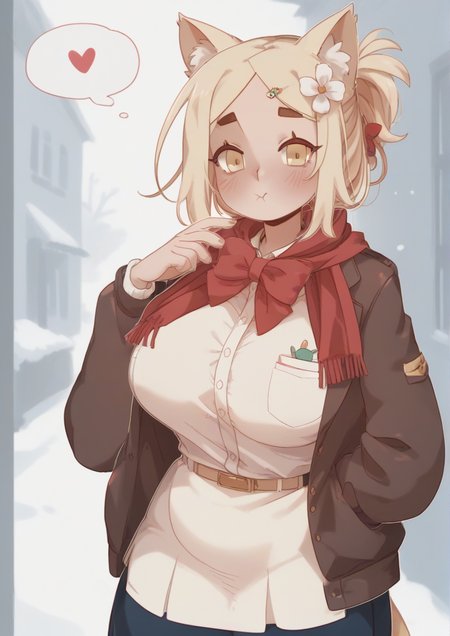 1girl, huge breast, css cat girl, blush, bow, bowtie, flower, hair flower, hair ornament, hand in pocket, heart, red scarf, scarf, school uniform, solo, thought bubble, winter clothes,  zPDXL3 <lora:bakuatsukiyu:1>