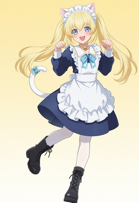 simple background, white background, gradient background,
BREAK,
open smile, blush, paw pose, embarrassed,
full body, dynamic angle,
BREAK,
<lora:coletteX2_illustriousXL_v07:0.9>
coletternd, blonde hair, blue eyes, long hair, choker, twintails, colettemaidb, white cat ears, white cat tail,
navy dress, puffy sleeves, long sleeves, frills, blue chest ribbon, apron,
white pantyhose, black boots, cross laced boots,, source_anime, very aesthetic, anime coloring, masterpiece, 
best quality, amazing quality, ultra detailed, very aesthetic, 
detailed background, 
BREAK,