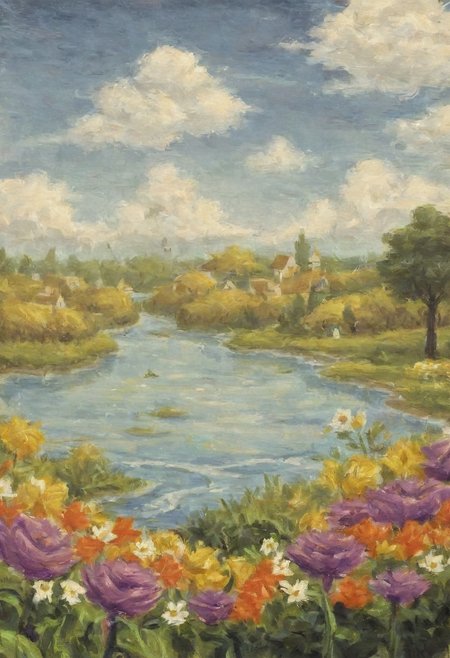 oil painting, a village with bunch of tress, flower and river
