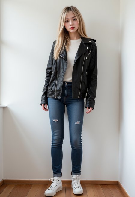 She is approximately 18 years old. Hyperrealism, she is looking at the camera, (dynamic angles), headshots of a beautiful, stunning unique female character. she has hair. her brown eyes are filled with joy and excitement, extravagant eyelashes,  A photo of Ae-cha, a woman, is shown. She has blonde hair and is wearing a black leather jacket, denim blue jeans, and white sneakers. wooden floor. standing. The photo is in black and white, giving it a classic and timeless feel. Ae-cha is posing for the camera, with a hint of a smile on her face. The composition of the photo is simple and elegant, focusing on the subject and her outfit..  She has a slight smile on her face and is looking directly at the camera. The background is a simple white wall.. making this image a masterpiece of photography and digital art. Style: realistic hyper-detailed rendering, 32k UHD, expressive eyes, punk, graphic design, girl's face, pretty and cute, gleaming lips, white skin, telling a tale of adventure. Exuding confidence and serenity. The background is a simple white wall. The overall mood of the image is happy and relaxed.RAW candid cinema,16mm,color graded portra 400 film,remarkable color,ultra realistic,textured skin,remarkable detailed pupils,realistic dull skin noise,visible skin detail,skin fuzz,dry skin,shot with cinematic camera,detailed skin texture,(blush:0.2),(goosebumps:0.3),subsurface scattering,beautiful photograph in the style of Augustus John,Sergio Toppi,Virginia Frances Sterrett,8k HD,detailed skin texture,ultra realistic,textured skin,analog raw photo,cinematic grain,whimsical,detailed hand,perfect hand.perfect style.